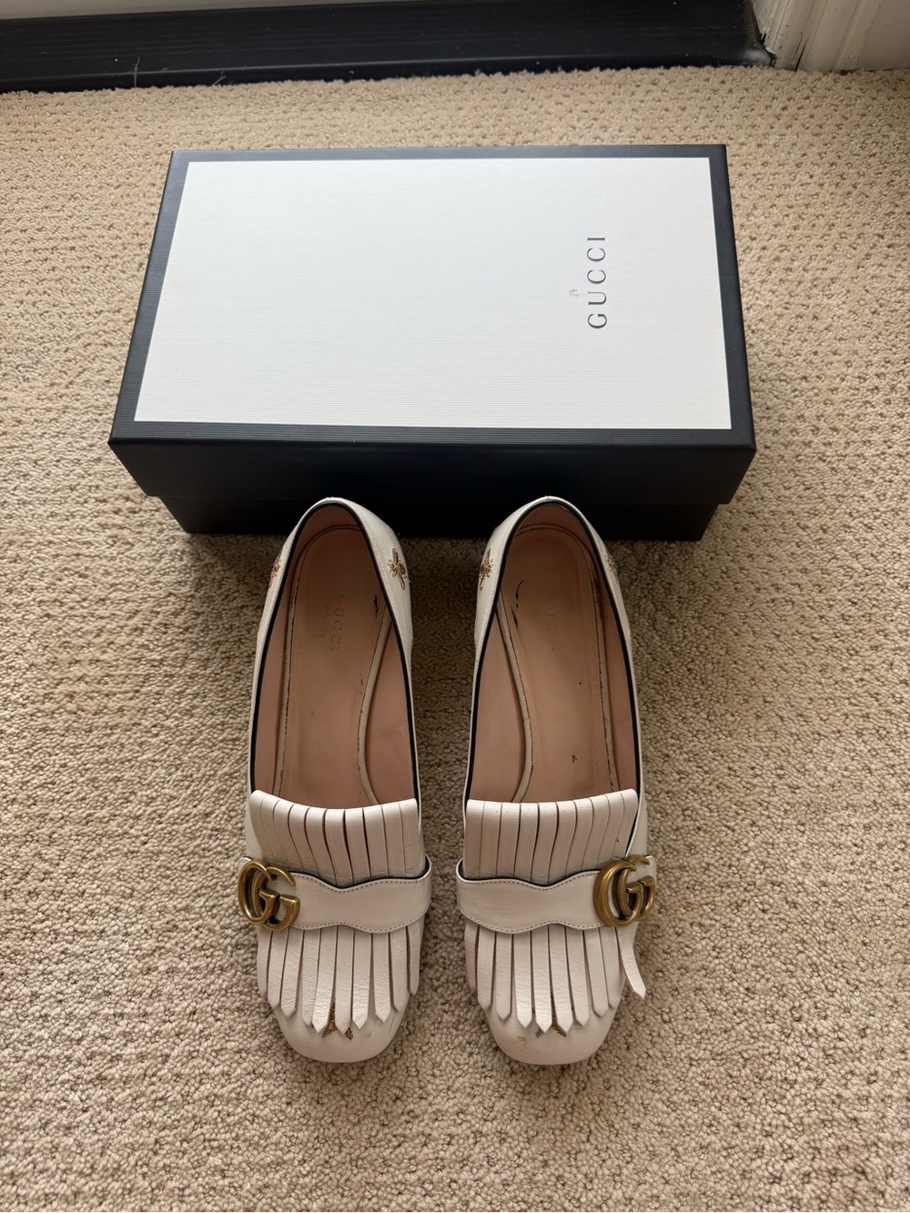 Gucci White Leather Fringe Loafers with Gold GG Accent